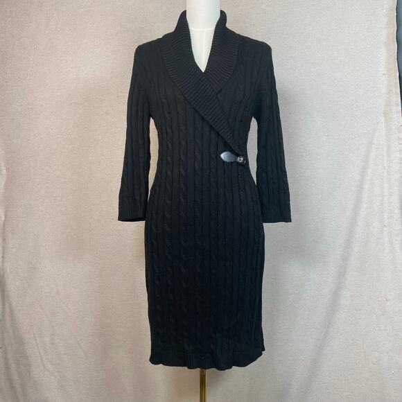 Calvin Klein Womens Cable Knit Sweater Dress Size L Shawl Collar Old Money Black - Picture 2 of 9